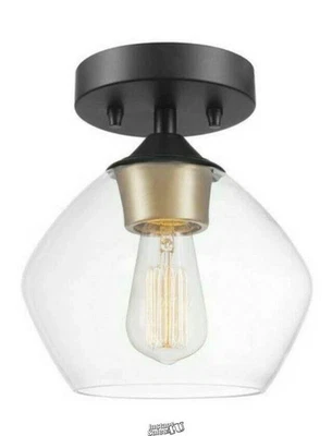 Luz de techo Harrow 1 luz negra mate montaje semi-al ras con enchufe de acento dorado Foto 1 de 4