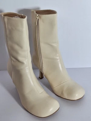 Botas de tacón de gatito de media pantorrilla de cuero sintético para mujer talla 10 marfil cremallera punta redonda estrecha Foto 1 de 4