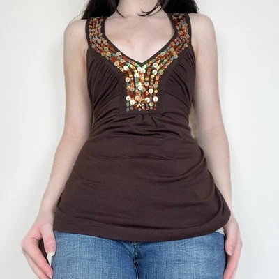 Y2K 2000s Brown Babydoll Sequin Tank Top Grunge Going Out Vintage Size Large - Image 1 of 4