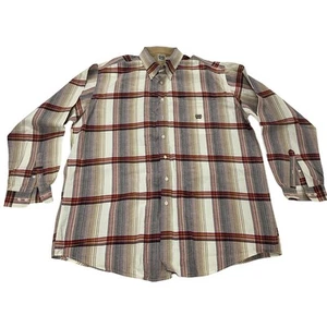 Cinch Men's XXL Button Up Long Sleeve Shirt Tan Burgundy Cream Striped Starched  - Picture 1 of 8
