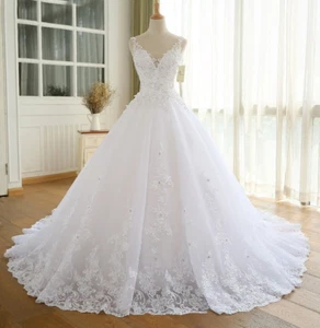 Princess Beaded Wedding Dresses Sleeveless Plus Size V-neck Bridal Gown Applique - Picture 1 of 9