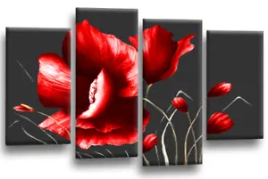 Floral Wall Art Print Grey Red Rose Flower Painting Framed Split Picture Large - Picture 1 of 6