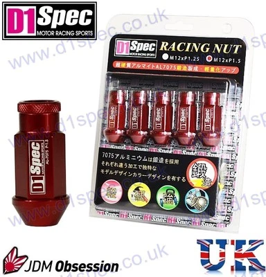 D1 SPEC RACING WHEEL NUTS RED P1.5 LONG MAZDA LEXUS TOYOTA HONDA MITSUBISHI FORD - Image 1 of 3