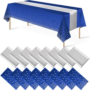 16Pack Disposable Plastic Tablecloths and Satin Table Runner Set Blue and Silver - Picture 1 of 7