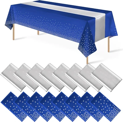 16Pack Disposable Plastic Tablecloths and Satin Table Runner Set Blue and Silver - Image 1 of 4