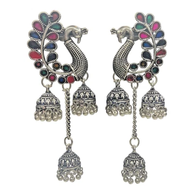 Pendientes de pavo real indio colgantes tono plata verde rojo azul Meenakari Jhumka Jhumki Foto 1 de 4