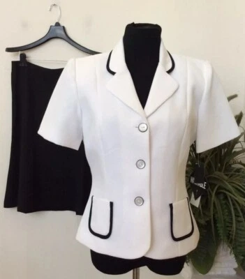 NUEVO CON ETIQUETAS Dressbarn / NYCC Desajustado Para Mujer Blanco Negro Poliéster Falda Traje Talla 10 Foto 1 de 4