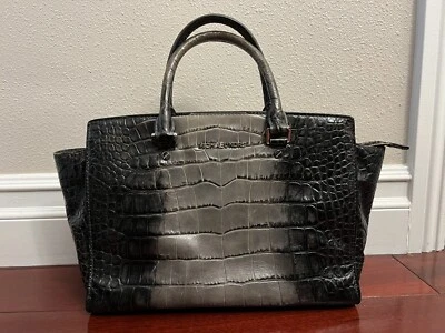 Michael Kors Selma Gray Croc Embossed Leather Purse Top Handle Satchel Handbag Foto 1 de 4