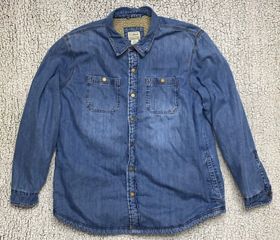 L.L. Bean Men's Blue Denim Shirt Jacket Sherpa Lined Snap Button Up Size Large - Image 1 of 4