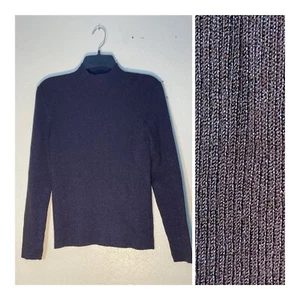 Oscar de la Renta M Ribbed Knit Mock Sweater Wool Nylon Top Brown Blue Metallic - Picture 1 of 9