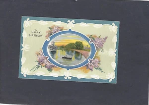 VINTAGE GEPRÄGTE HAPPY BIRTHDAY ANSICHTSKARTE - BOOTSSZENE - Bild 1 von 2
