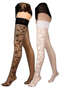 NEW Lace Top 20 Denier Sheer Hold-Ups Patterned Stockings size S - XXXXL - Picture 1 of 4