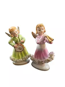 2 statuine vintage porcellana angelo ragazza che suona strumenti musicali bordo spaghetti - Foto 1 di 10