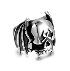 Gothic Bat Wings Skull Vampire Ring Stainless Steel Men's Boy's Biker Punk Ring - Picture 1 of 4