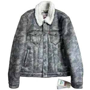 RARE !!! Veste camionneur Levi's fausse peau de mouton neuve avec étiquette lavage à l'acide gris homme L PDSF 275 $ - Photo 1/16