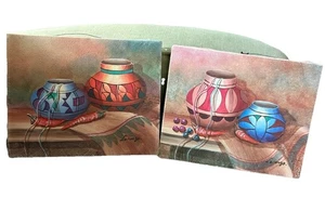 Paar Vintage bunte Southwestern Töpfe Perlen Ölgemälde signiert Lorenzo 8 x 10 - Bild 1 von 11