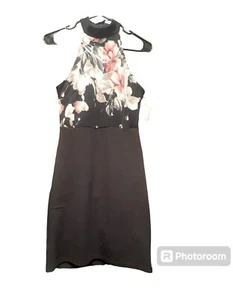 Fashion Magazine Black & Floral High Mesh Neck Mini Bodycon Dress Size Medium - Picture 1 of 14