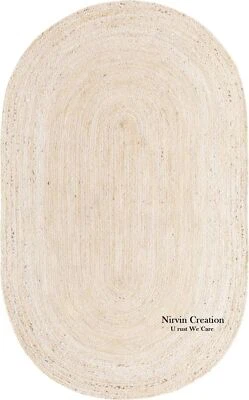 White Oval Rug Jute Carpet Mat Farmhouse Natural Handmade Braided Rustic Look - image 1 of 4