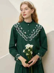 Celia Vintage Embroidered Lace Contrast Panel Cotton Blouse Size Medium - Picture 1 of 11