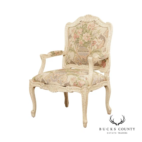 French Louis XV Style Crackle Painted Fauteuil Armchair Cover