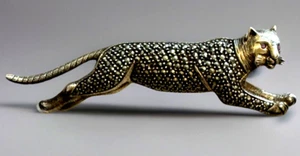 Vintage Judith Jack Sterlingsilber Markasiten Raubkatze Brosche Amethyst Auge Leopard 3 Zoll - Bild 1 von 14