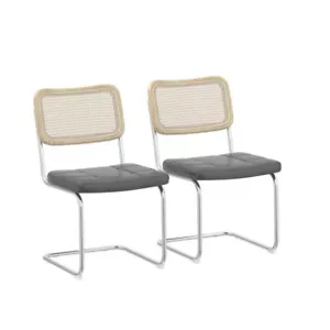 2Set PU Leather Dining Chairs Rattan Back With Wood Frame Chairs Metal Legs Gray - Picture 1 of 9