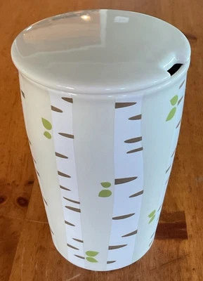Tea Forte Porcelain Cup Tumbler Lid Birch Trees Sage Green Grey (No Infuser) EUC - Image 1 of 4