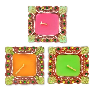 Juego de 3 Diya de Teracota Cuadrada | Vela Pintada a Mano | Lámpara de Aceite de Arcilla Tradicional - Imagen 1 de 1