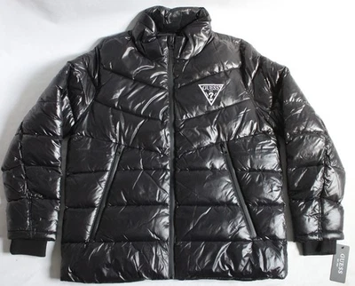GUESS Mens  XL Logo Full Zip Puffer Jacket Shiny/Glossy Black 111AN188 Midweight - Image 1 of 4