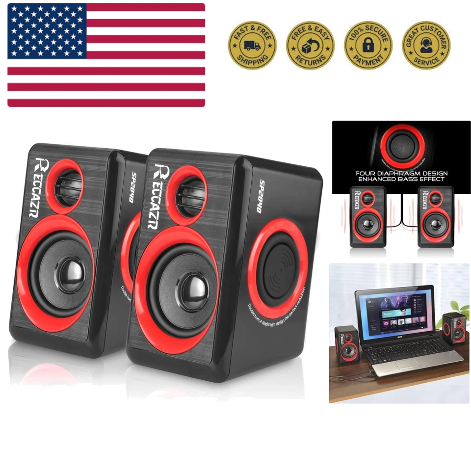 Altavoces para computadora, Altavoces para PC de 2,0 canales con sonido envolvente, USB con cable para computadora portátil S... Foto 1 de 4