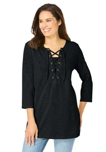 Woman Within Plus Size Lace-Up Three-Quarter Sleeve Tee - Picture 1 of 25