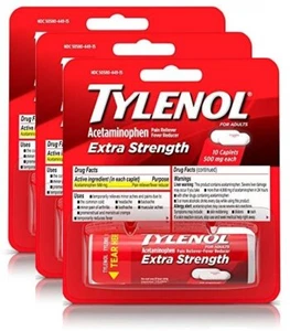 (Pack of 3) TYLENOL Extra Strength Caplets 500 mg Acetaminophen 10 count - Picture 1 of 1