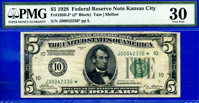 1928 $5 Federal Reserve Note PMG 30 rare 13 known Kansas City star Fr 1950-J* - Image 1 of 4