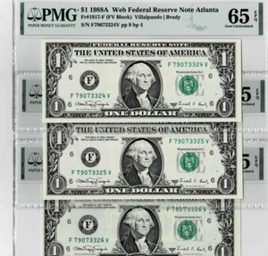 1988A $1 Web Federal Reserve Notes Fr#1917-F (3 consecutive notes)Gem Unc 65 EPQ - Picture 1 of 7