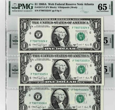 1988A $1 Web Federal Reserve Notes Fr#1917-F (3 consecutive notes)Gem Unc 65 EPQ - Image 1 of 4