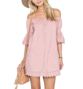 Tularosa Isabella Off Shoulder Mini Dress Womens M Pink Boho Lined Bell Sleeve - Picture 1 of 10