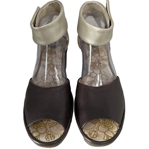 Fly London Sandals Shoes 41 9.5-10 Yula Wedge Heels Ankle Strap Leather Peep Toe - Picture 1 of 11