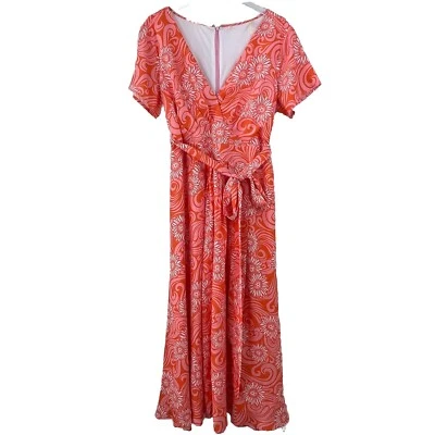 Wayward Fancies eShakti Maxi Dress Women Size 1X Coral Floral Tie Crepe Empire - Image 1 of 4