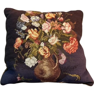 16” Beautiful Flower Art Artistic Floral Antique Urn Brown Needlepoint Pillow - Picture 1 of 6