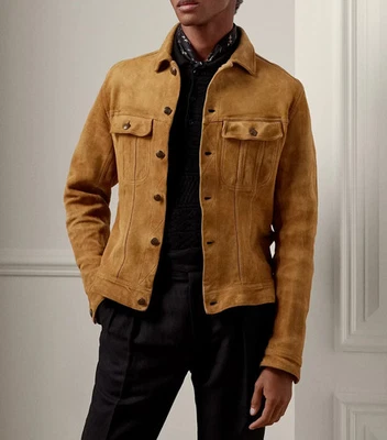 Men’s Tan Suede Leather Trucker Jacket Real Lambskin Casual Vintage Style Jacket - Image 1 of 4