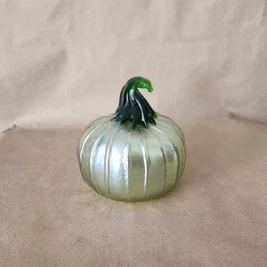 Blown Glass Light Iridescent Silver Ribbed Pumpkin w/ Green Glass Stem - Picture 1 of 19