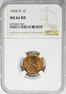 1934-D Lincoln Cent 1c MS66 RD NGC 949241-1 - Picture 1 of 5