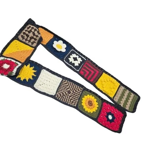 Crochet Granny Square Scarf Handmade Knit Colorful 3D Floral Patchwork Homemade - Picture 1 of 10