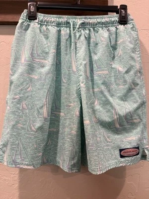 Boy's Vineyard Vines Blue Green Swim Trunks Board Shorts Size Large Sailboats - Image 1 of 2