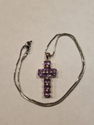 Collar colgante cruz amatista doble fila de plata de ley cadena serpiente de 16 pulgadas Foto 1 de 4