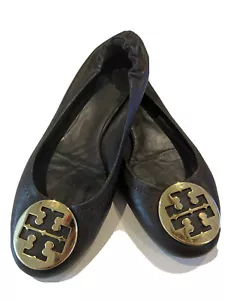 Planos de ballet emblema dorado de cuero marrón Tory Burch 8,5 Reva - Imagen 1 de 5