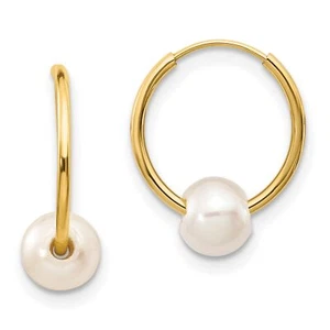 White Freshwater Cultured Pearl Endless Hoop Earrings in Real 14k Yellow Gold - Picture 1 of 7