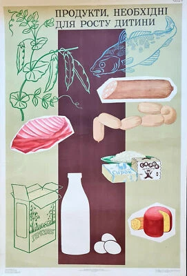 1969 SOVIET POSTER – PRODUCTS REQUIRED FOR CHILD GROWTH – UKRAINIAN HEALTH ART - Image 1 of 3