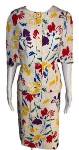 LOUIS FERAUD Floral Print Silk 2Pc Dress Size 14 Vintage 80’s Career Church Suit - Picture 1 of 16