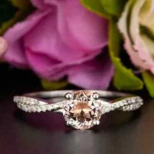 1Ct Round Lab-Created Peach Morganite Twisted Wedding Ring 14k White Gold Plated - Picture 1 of 7
